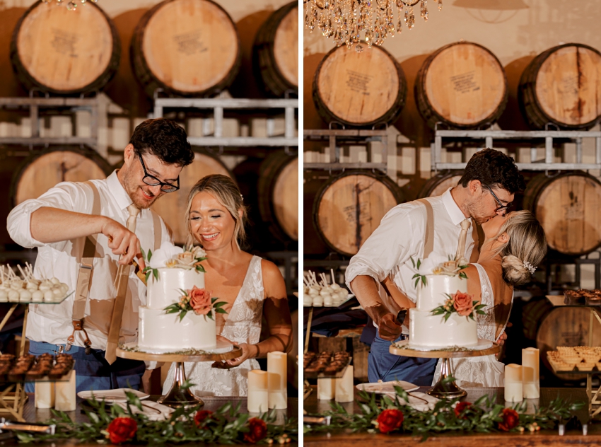bride and groom cutting cake at smithfield winery by sharon elizabeth co