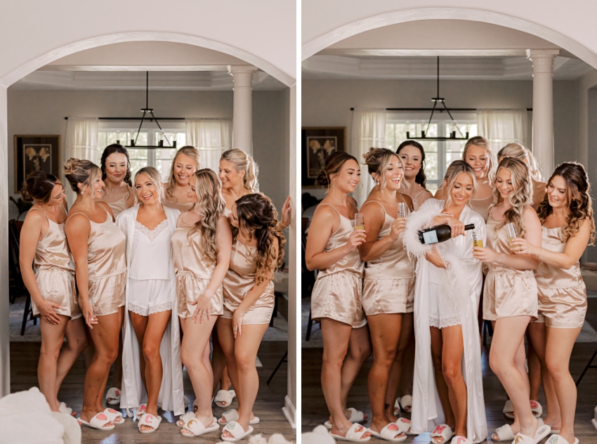 bride and bridesmaids pouring champagne by sharon elizabeth co