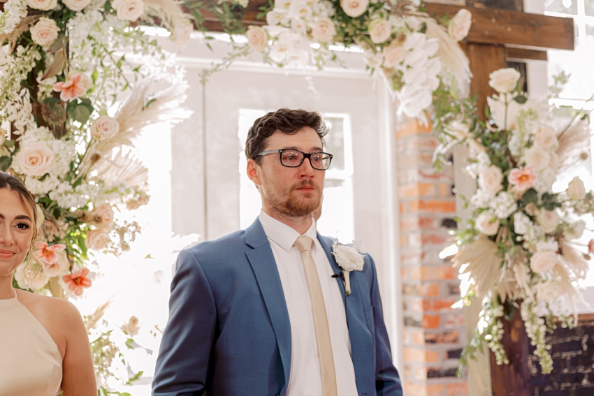 groom's reaction during smithfield winery wedding by sharon elizabeth co