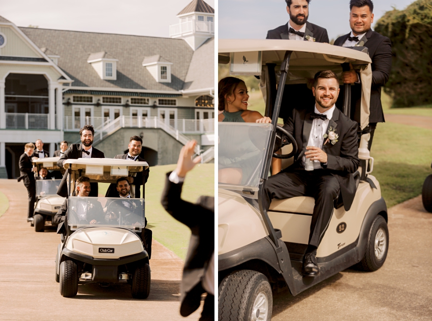 groomsmen on golf carts at duck woods country club by sharon elizabeth co