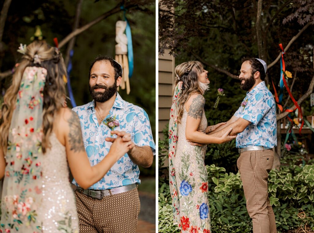 bride and groom first look in rainbow backyard
