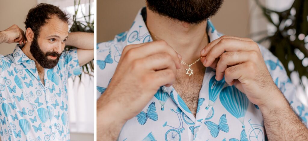 groom getting ready, star of david necklace