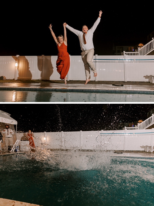 man and woman hold hands jumping into pool at beach house in the outer banks