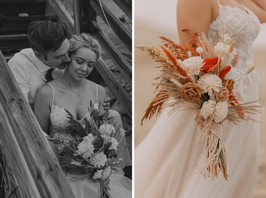 bride holds fall bouquet with white flowers and red accents