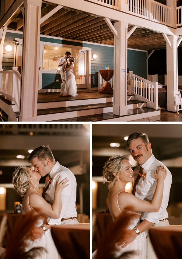 bride and groom dance on patio of beach house during reception