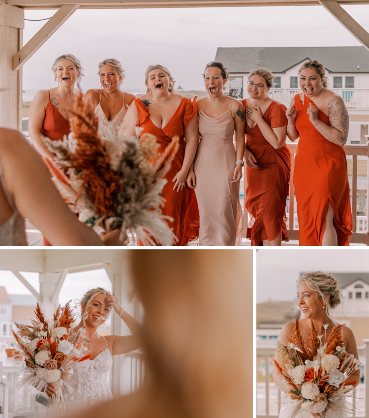 bridesmaids in mismatched orange and red dresses cheer seeing bride during first look