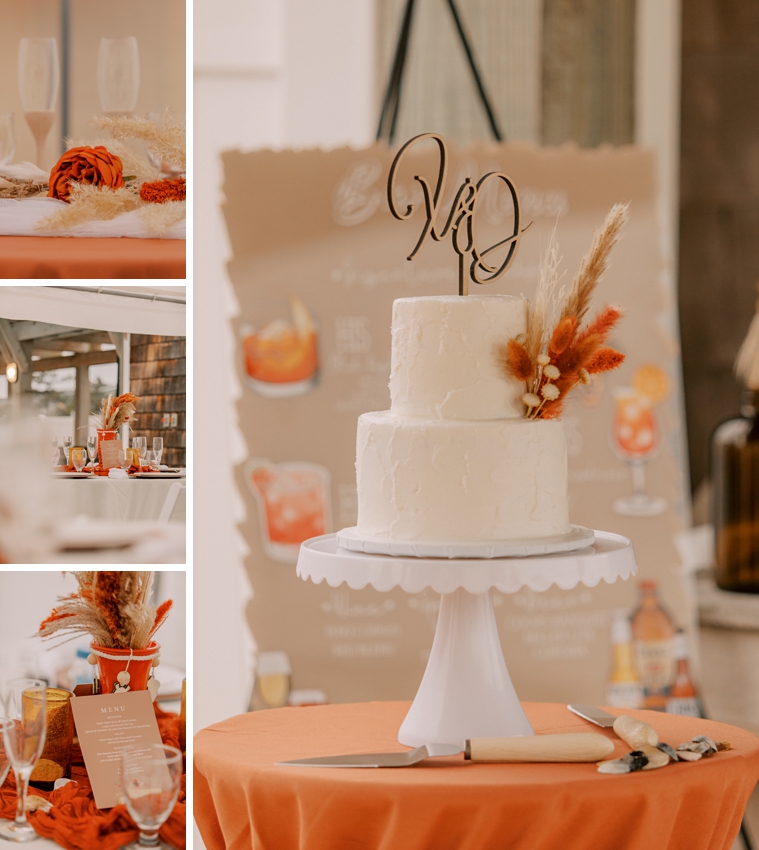 tiered wedding cake with topper with red feather at beach house