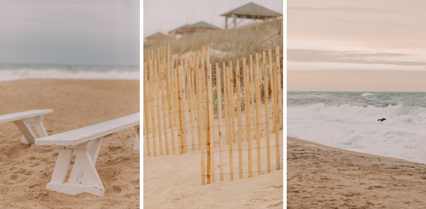 ceremony site on Kill Devil Hills beach with white benches 