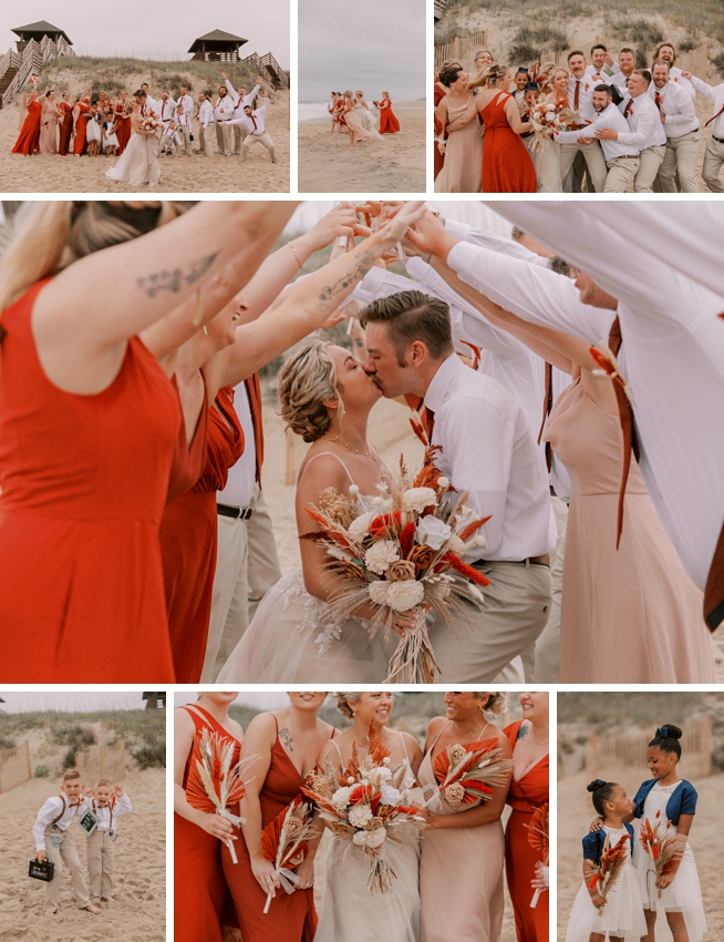 bride and groom kiss while wedding party makes tunnel on beach 