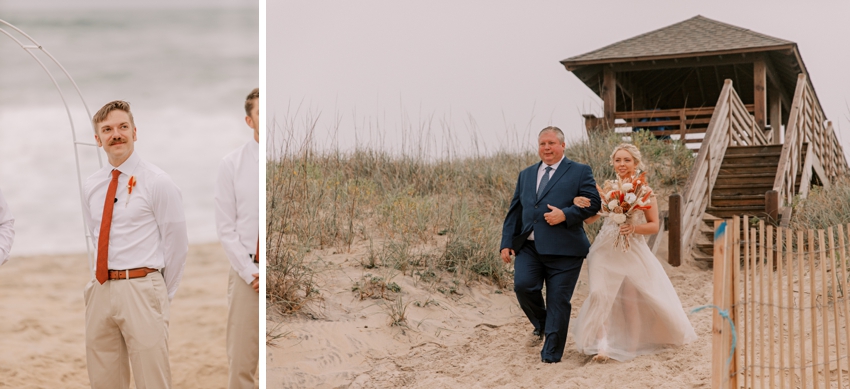 father in navy suit escorts bride down aisle on beach in Kill Devil Hills