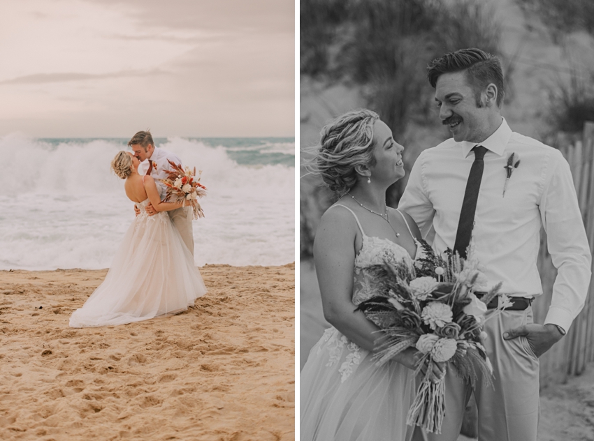 newlyweds hug on beach during portraits in Kill Devil Hills