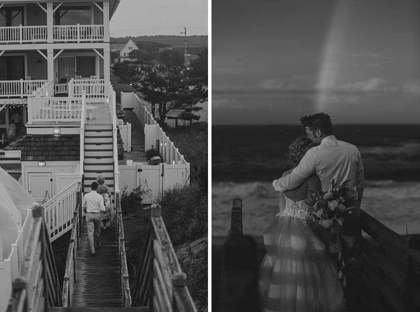 bride and groom walk up wooden path near beach house in Kill Devil Hills