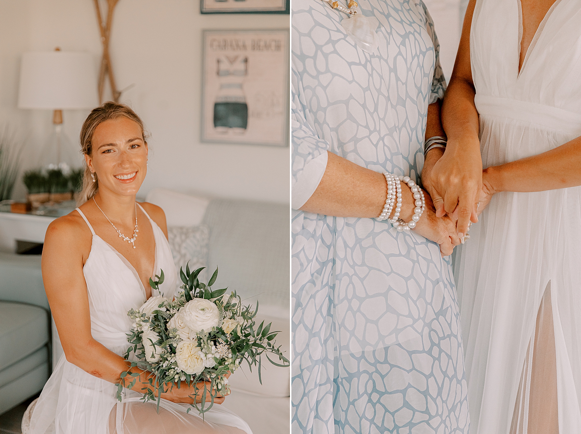 bride prepares in family cottage for wedding day holding mom's hands 
