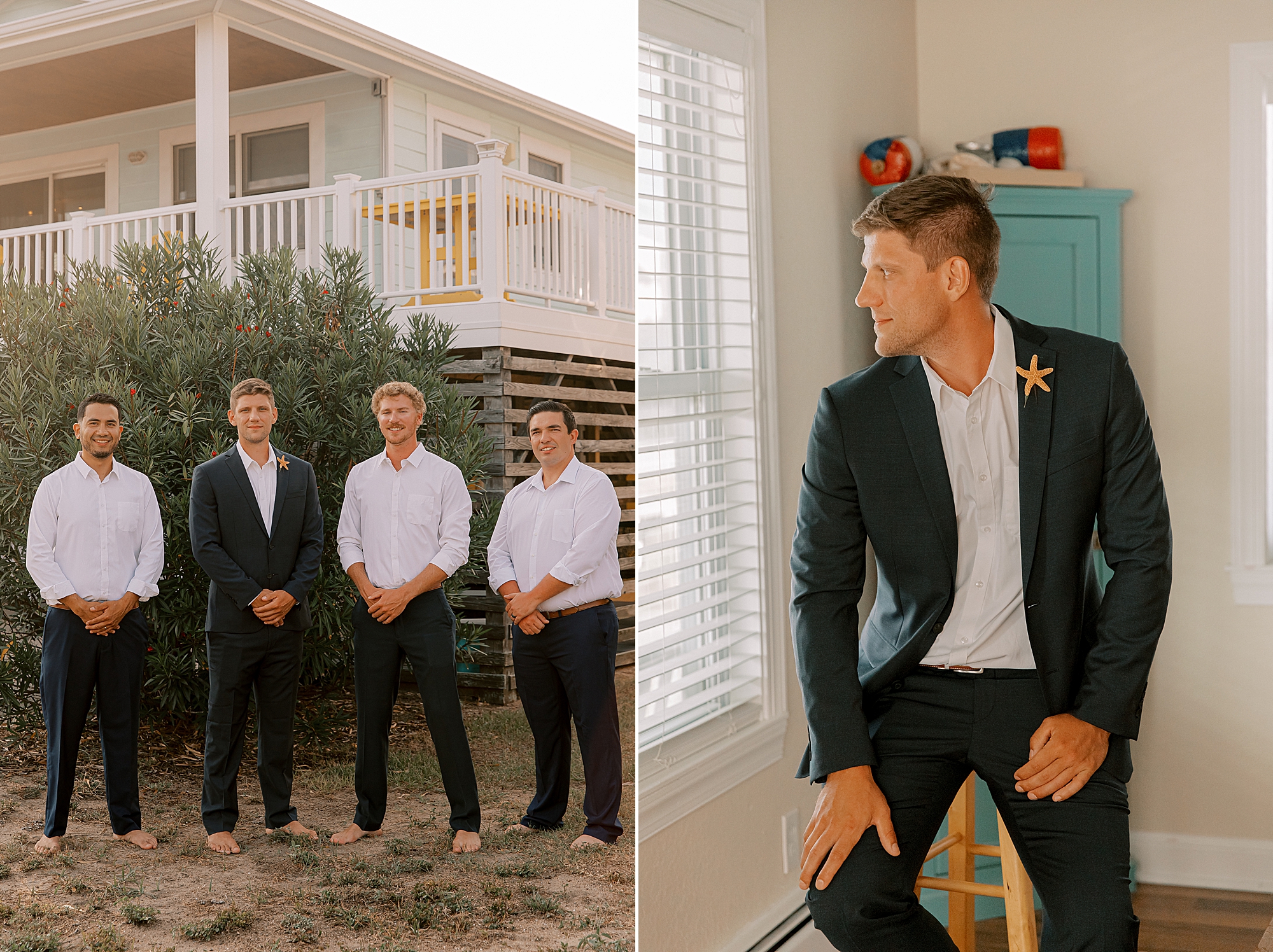 groom poses on stool in navy suit with starfish boutonnière 