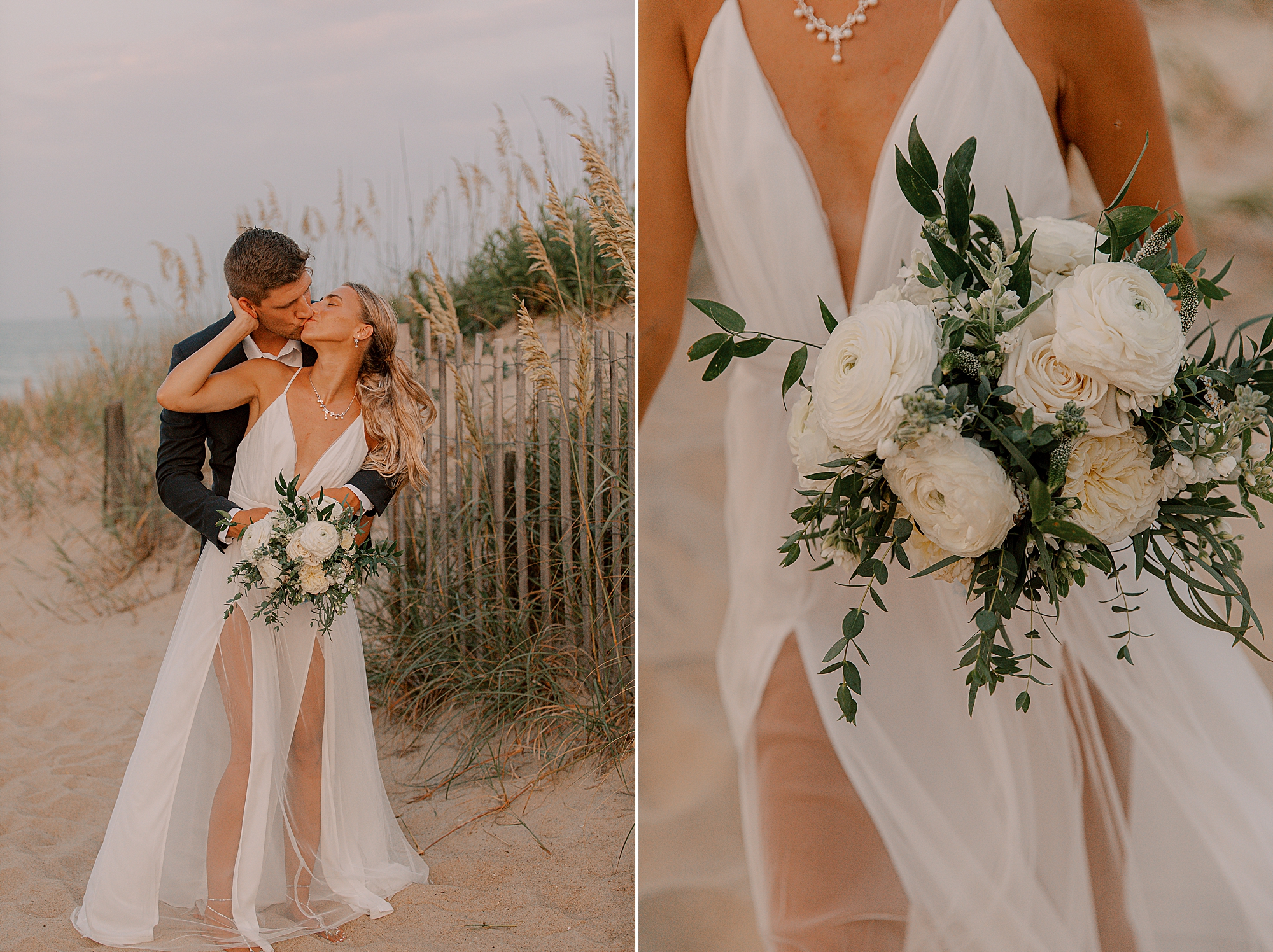 bride holds bouquet of all white flowers with groom hugging her from behind
