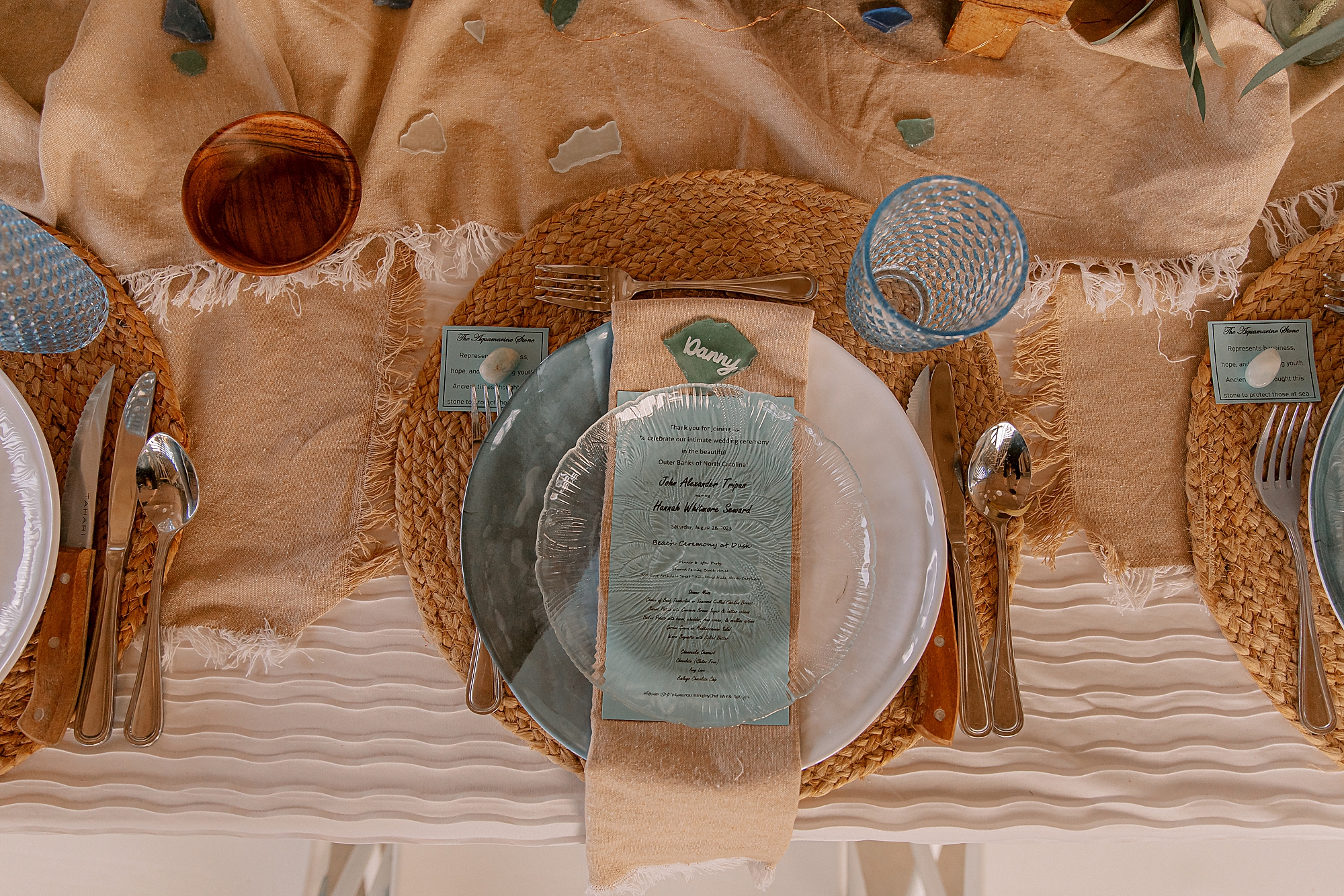 place setting with blue vintage glasses 
