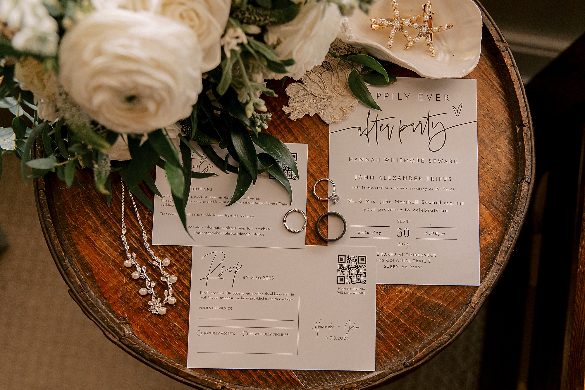 invitation suite with white flowers for private beach cottage wedding