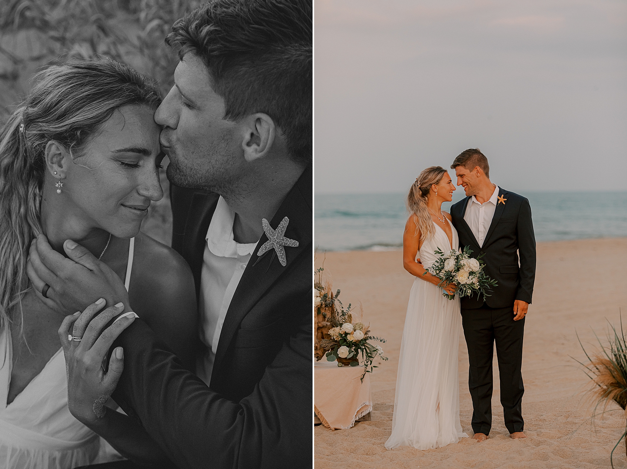 groom kisses bride's forehead during portraits on kill devil hill beach