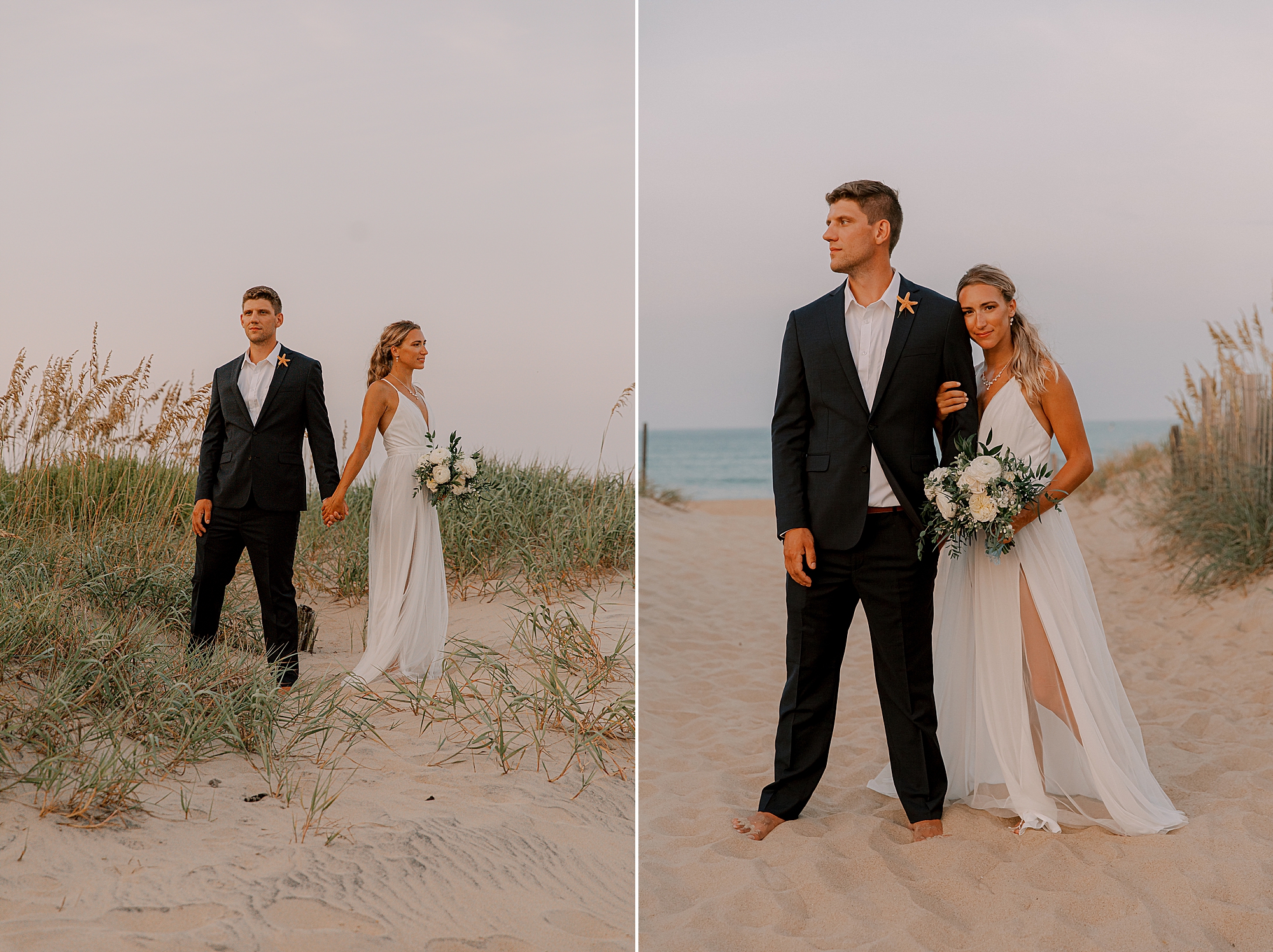 bride leans on groom's shoulder on sand dunes in kill devil hills 