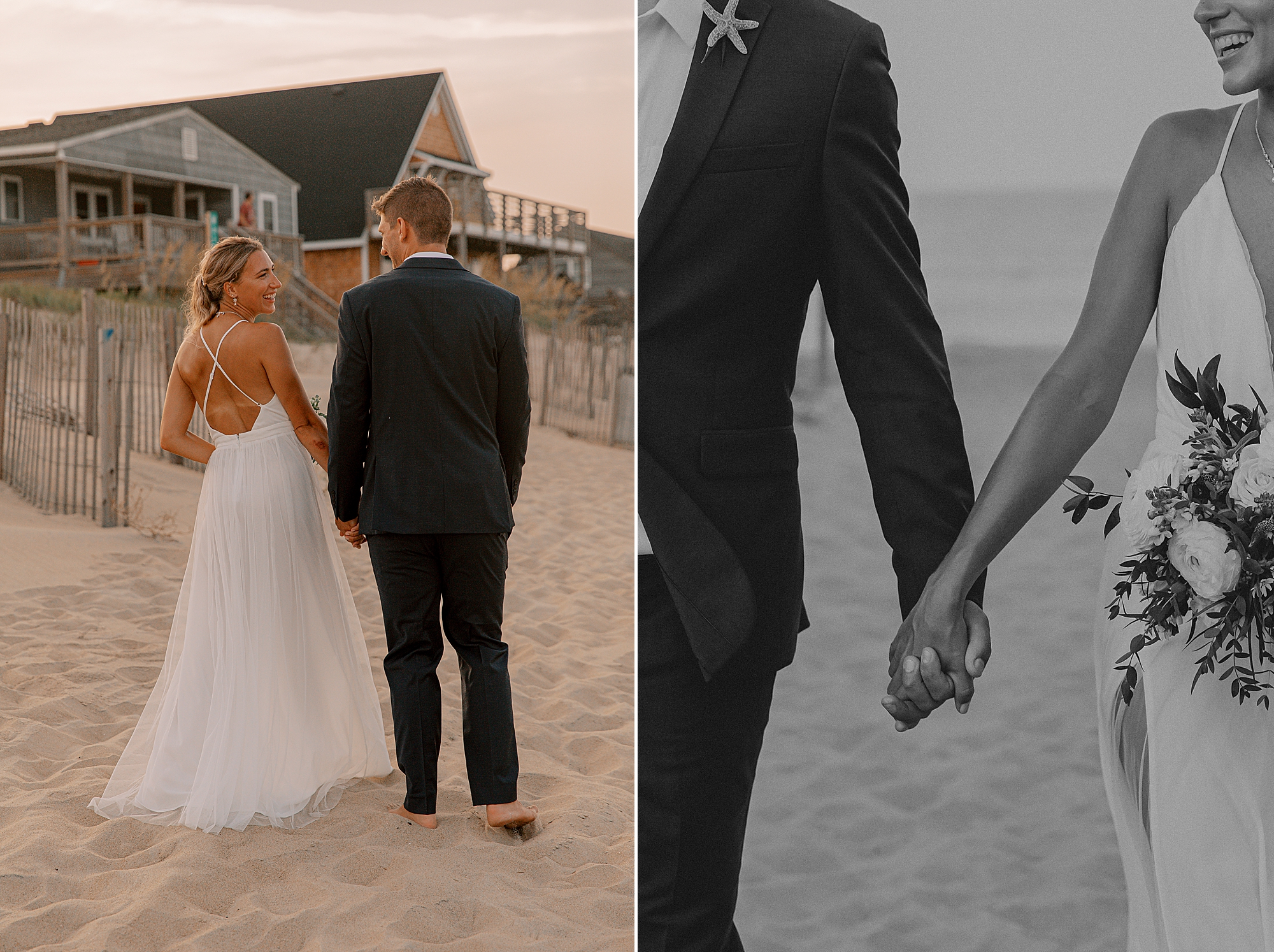 bride and groom hold hands walking on dunes