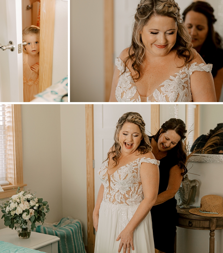 mother helps bride prepare for wedding day in Corolla NC