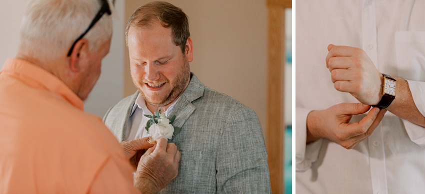 father pins boutonnière on groom during prep in Corolla NC beach house