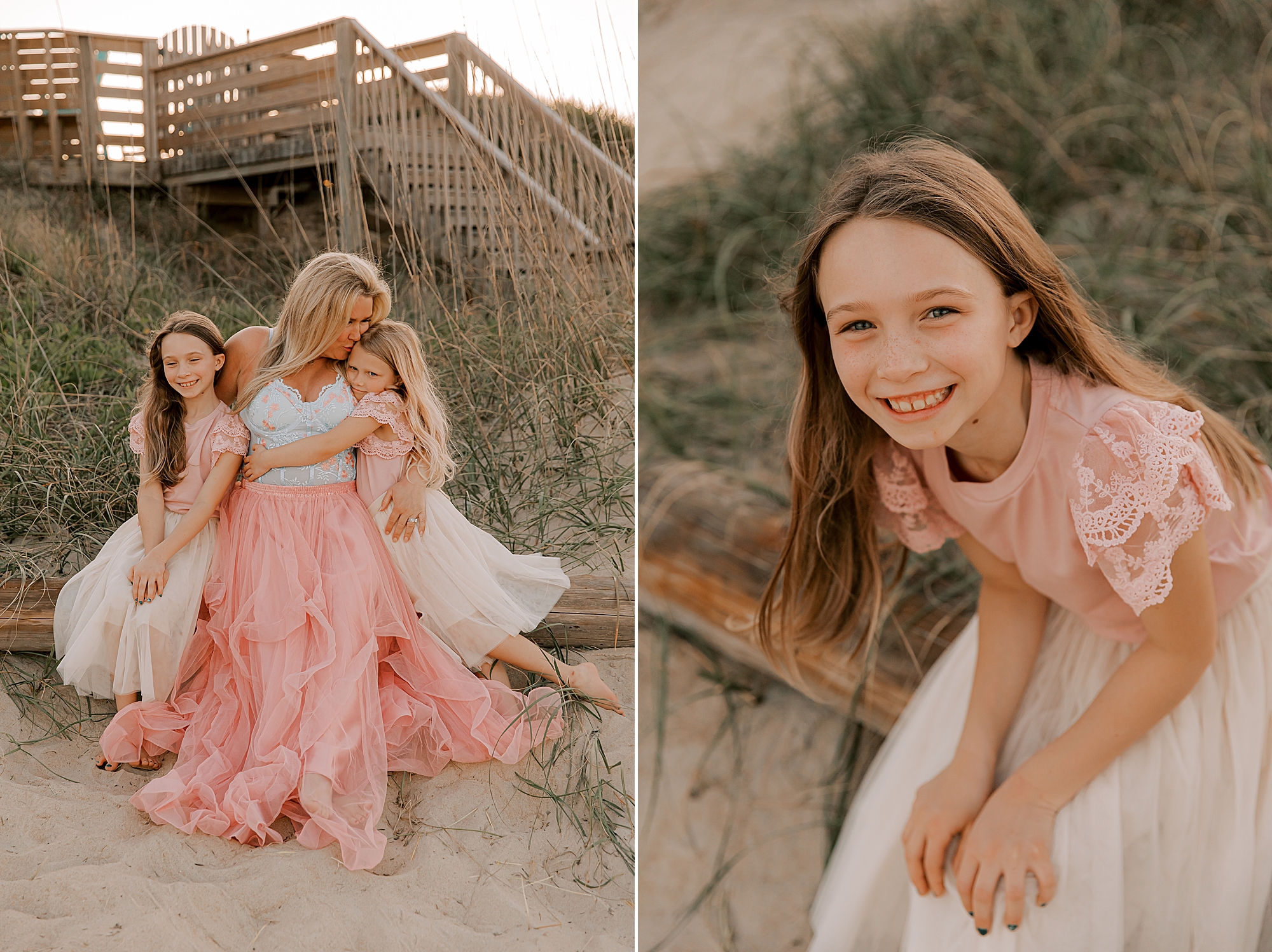 mom hugs two daughters sitting outside nags head pier