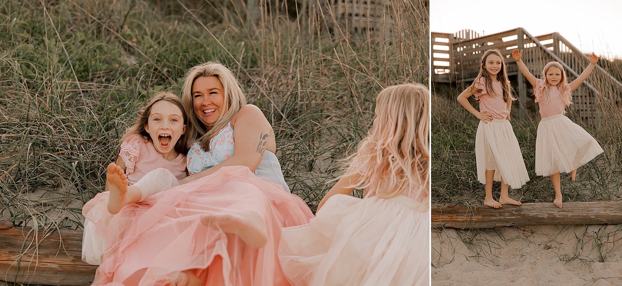 mom hugs daughter as she falls backwards towards nags head pier