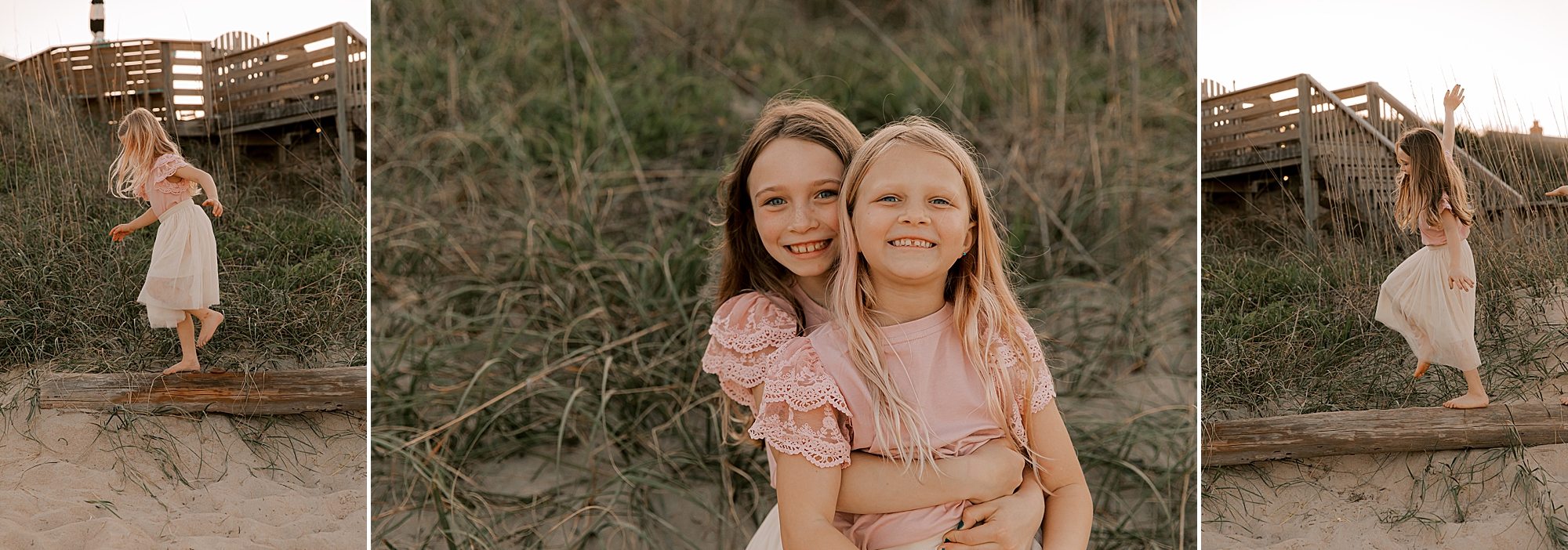 sisters hug in front of nags head pier jumping around