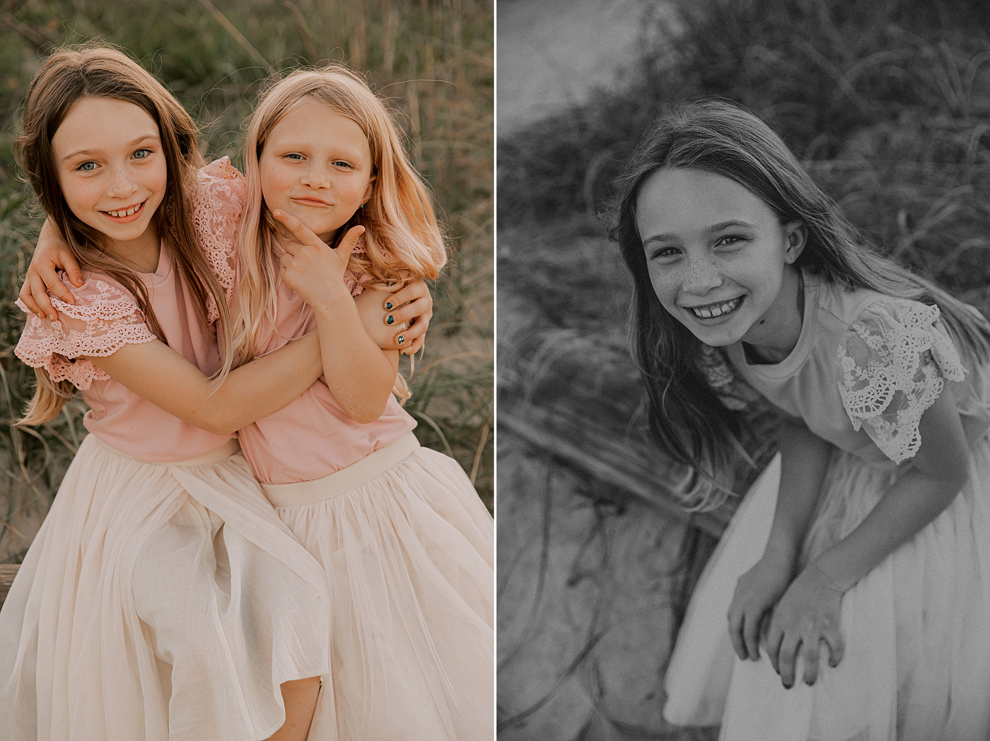 two sisters laugh hugging during photos at nags head pier