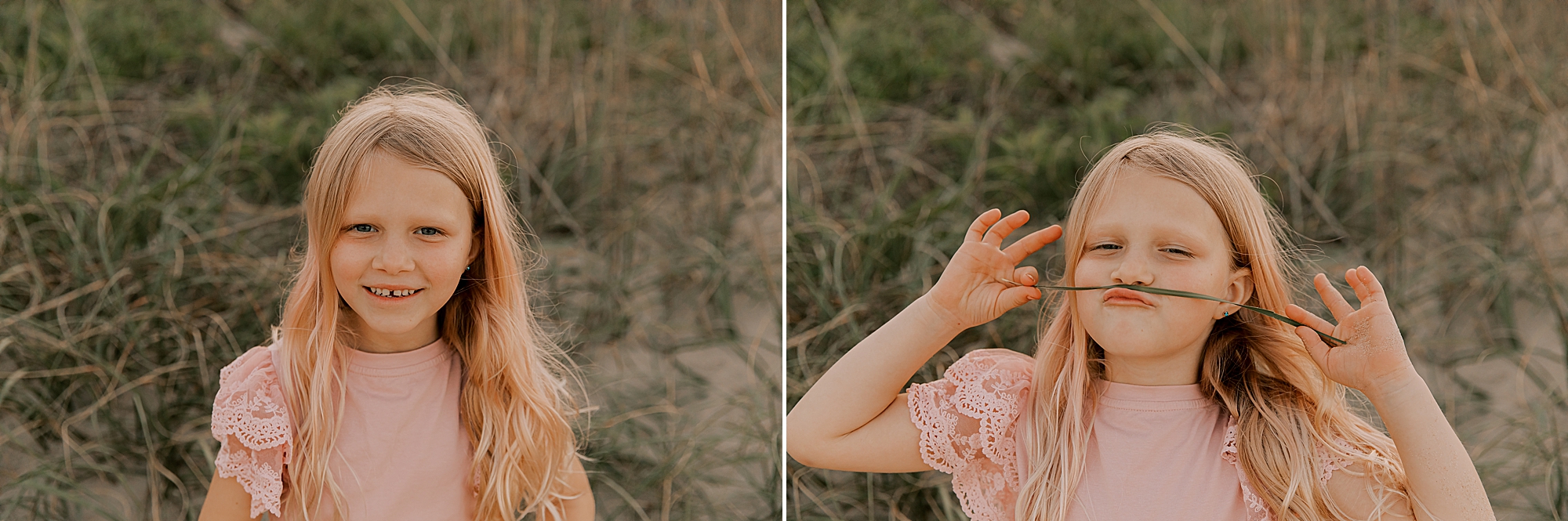 blonde girl makes faces and hold seagrass above her lip