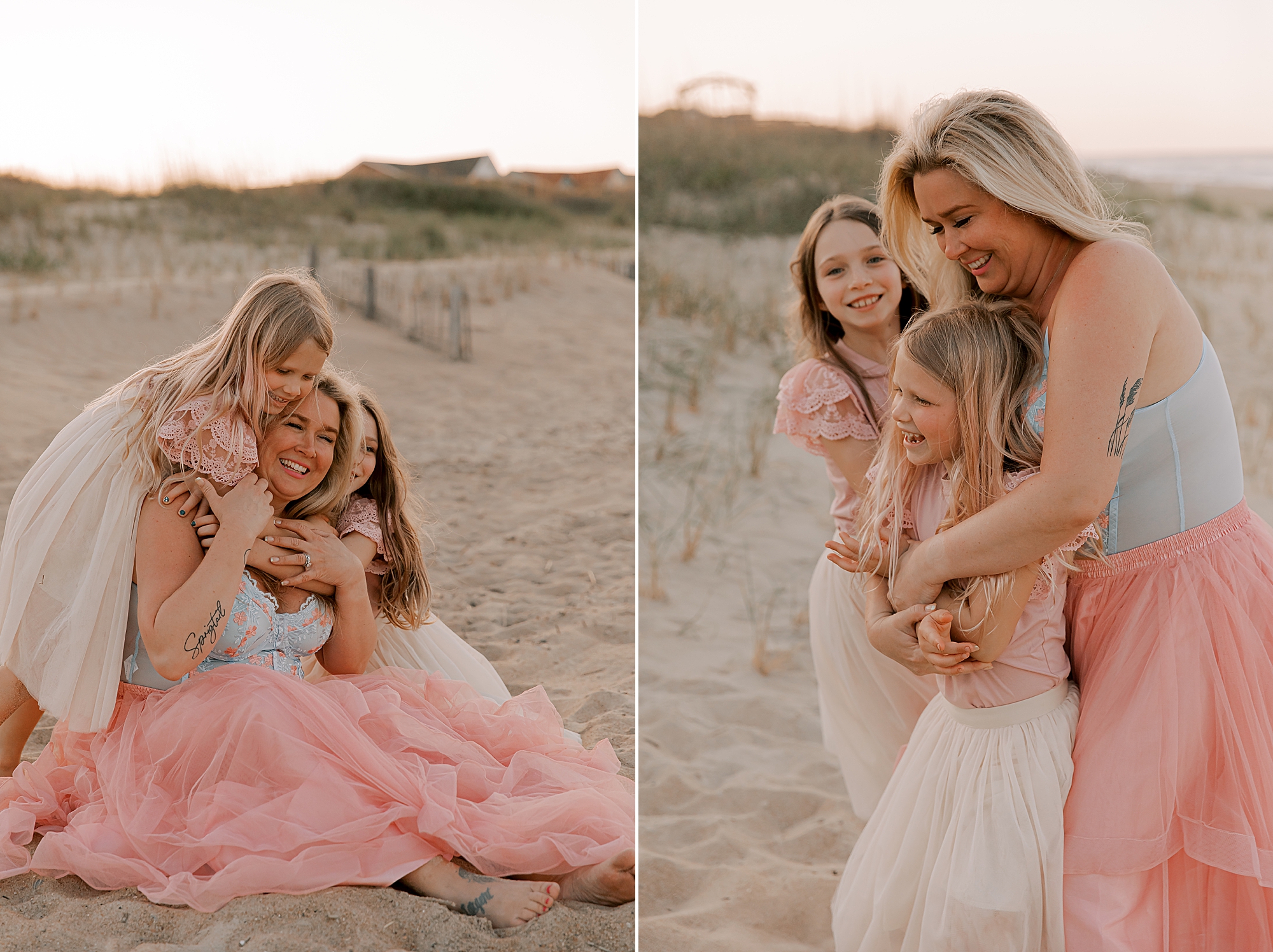 woman kneels on the sand hugging two daughters in nags head nc