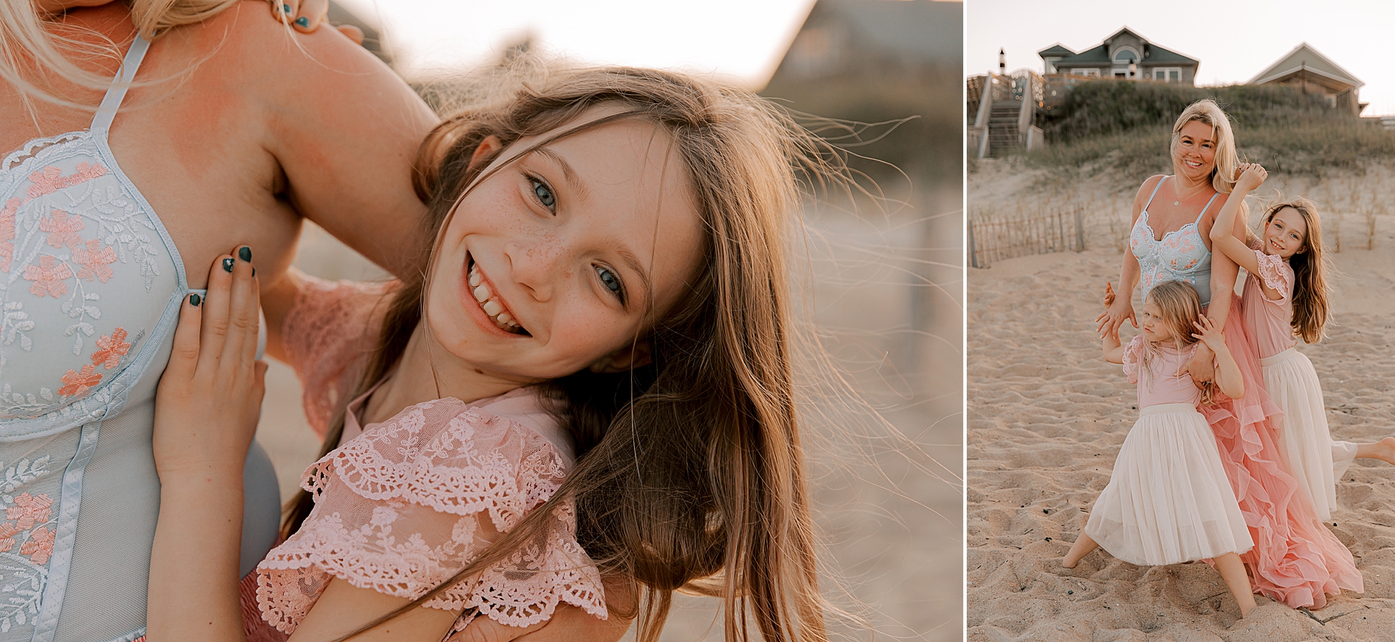 sisters laugh hugging mom during mommy + me photos at nags head pier