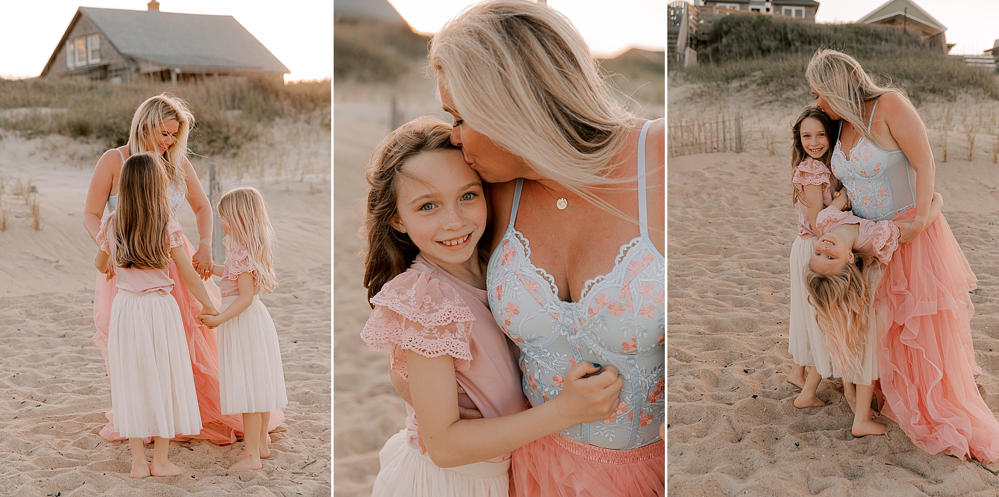 mom kisses two daughters during mommy + me photos at nags head pier