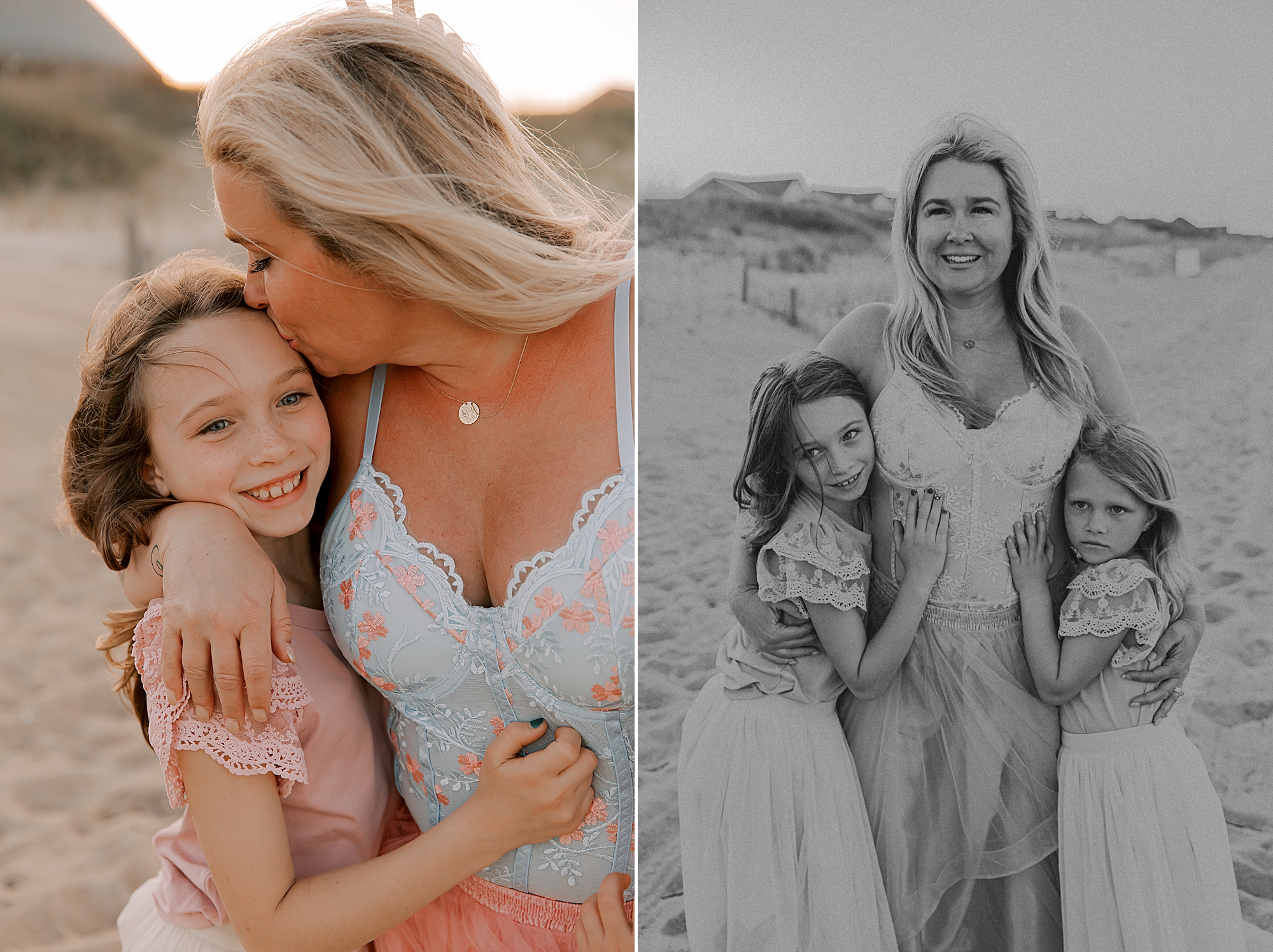 mom hugs daughter to her kissing her forehead 