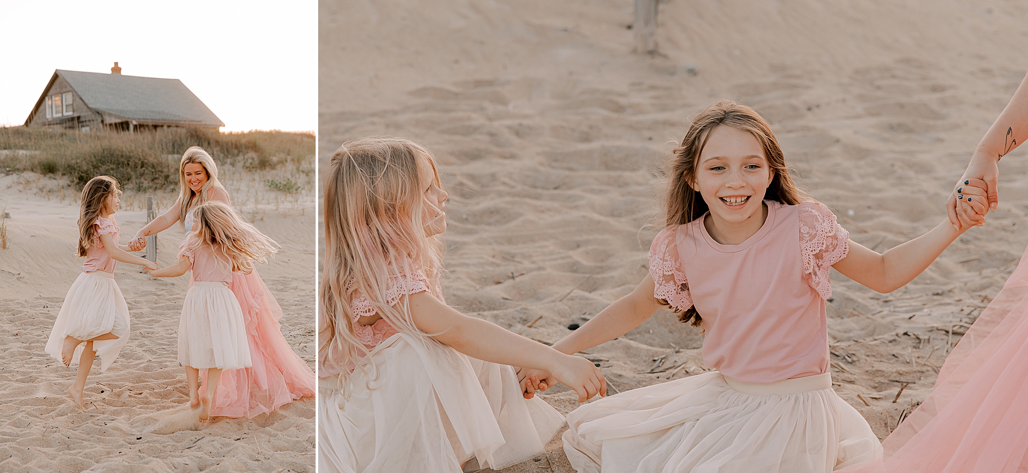 girls twirl in the sand with mom during mommy + me photos at nags head pier