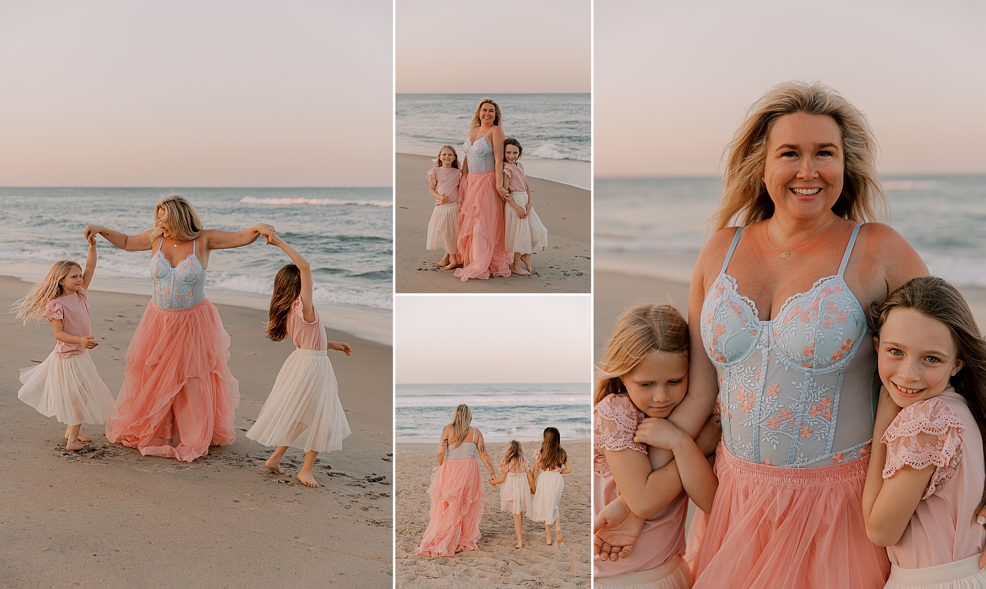 mom and two daughters hug on the beach at sunset in the OBX