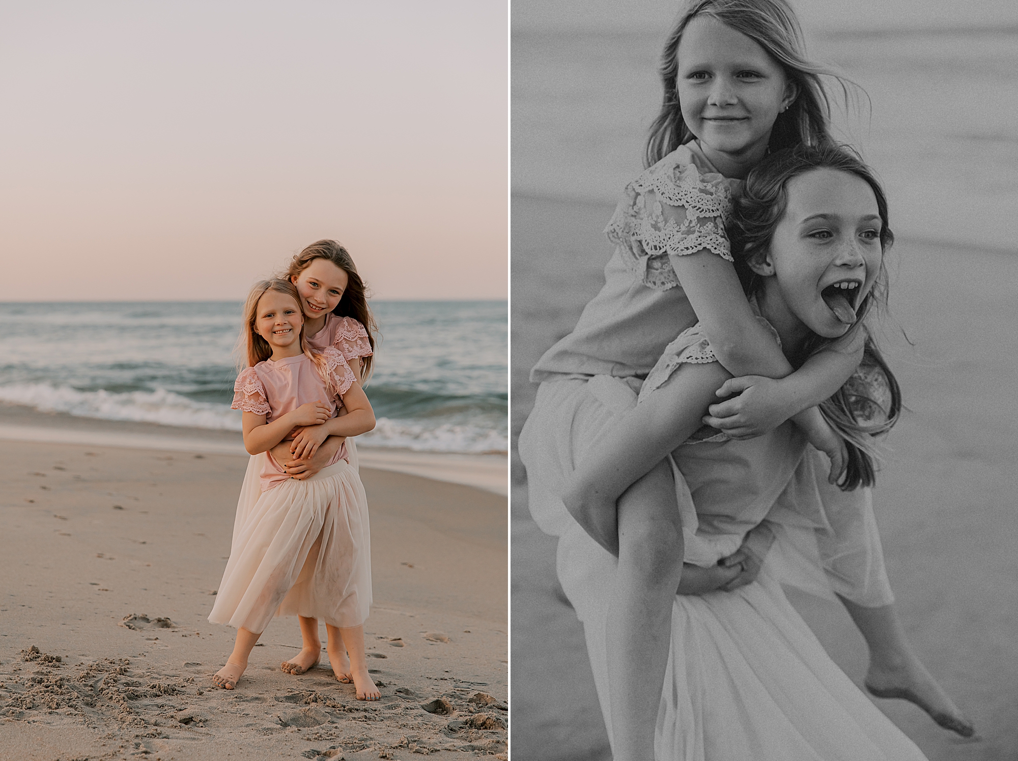 sisters hug and give a piggy back ride during family photos on the beach 