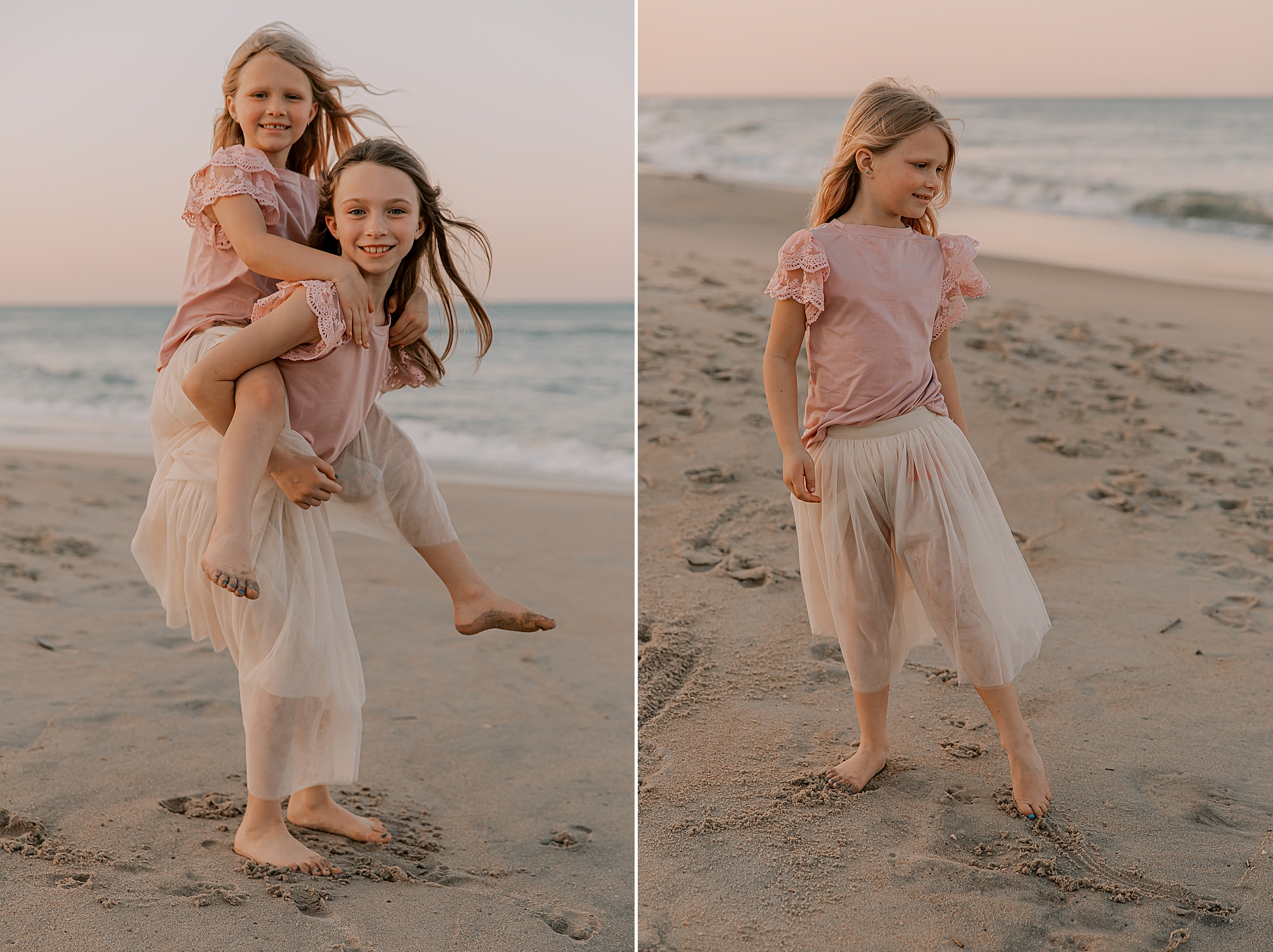 two sisters walk on the beach during mommy + me photos at nags head pier