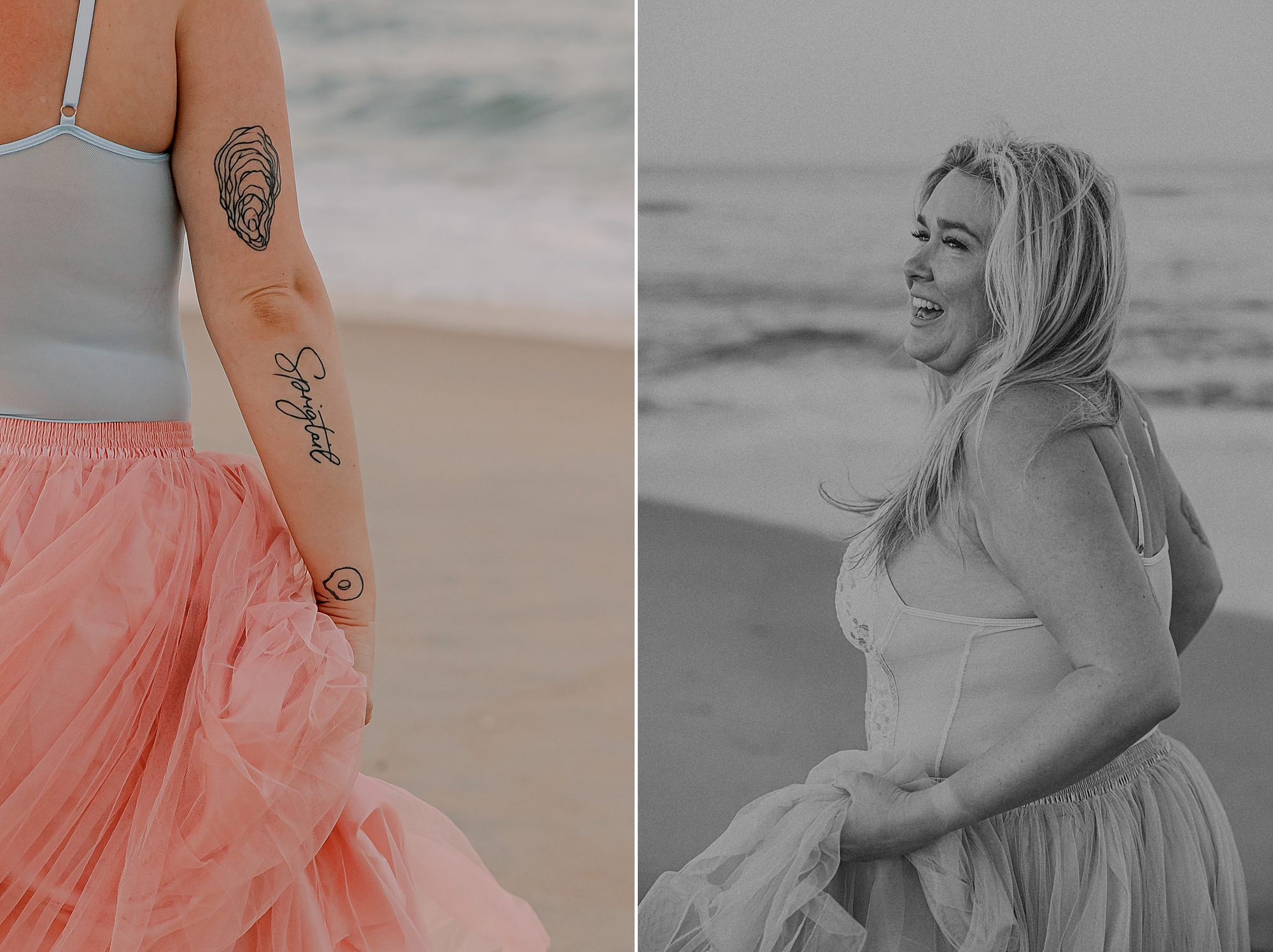 woman laughs in pink skirt and blue floral bodice during photos on the beach