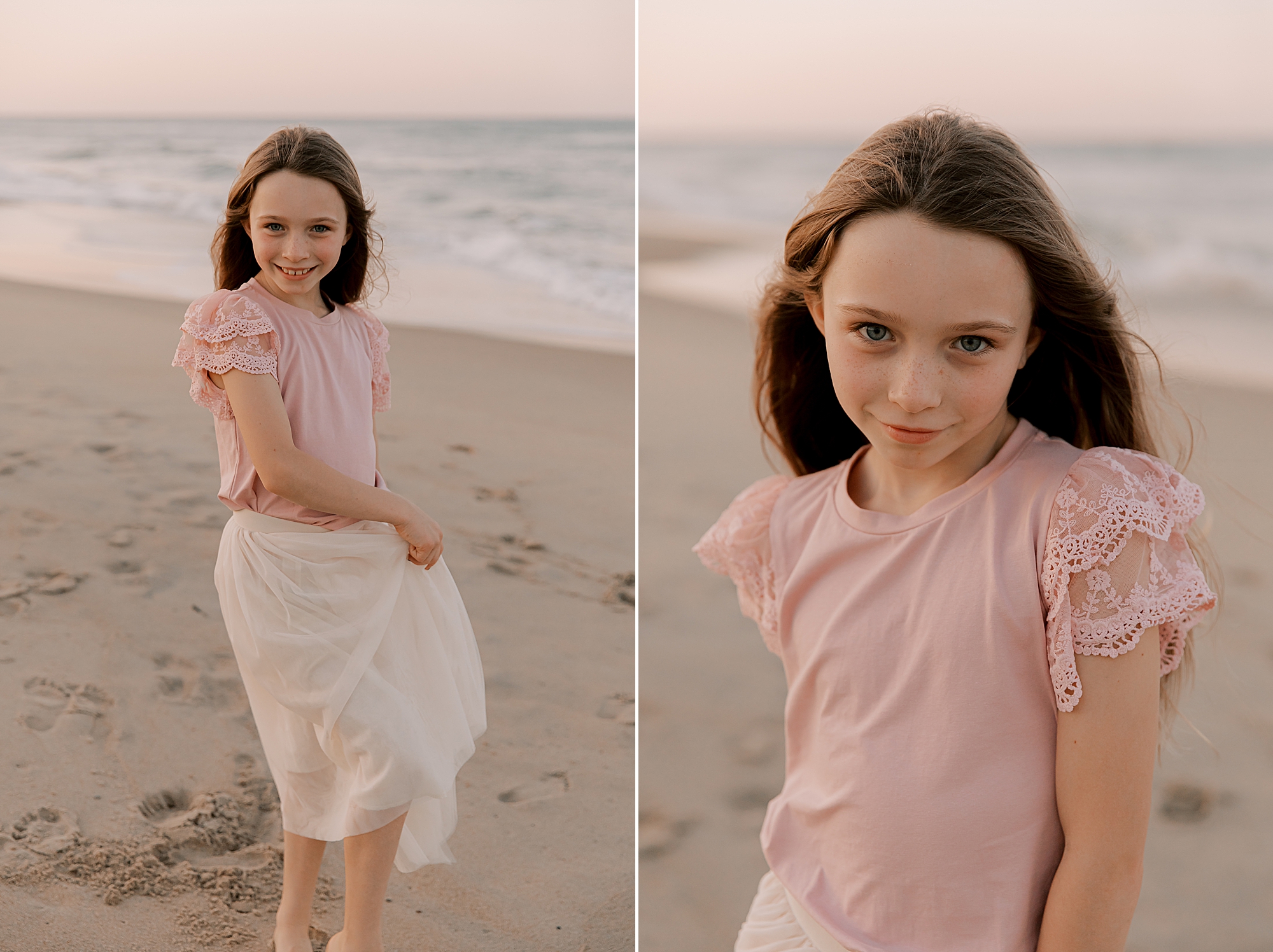 girl makes a serious face at the camera during family photos on the beach 