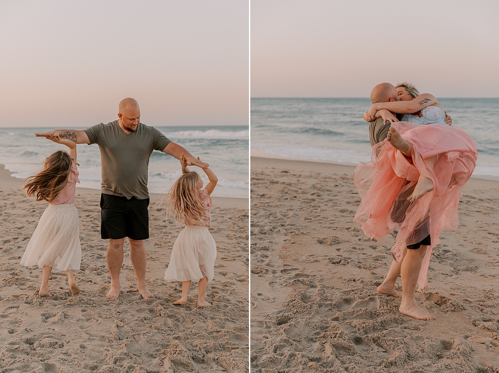 dad twirls daughter on the sand with wife in nags head nc