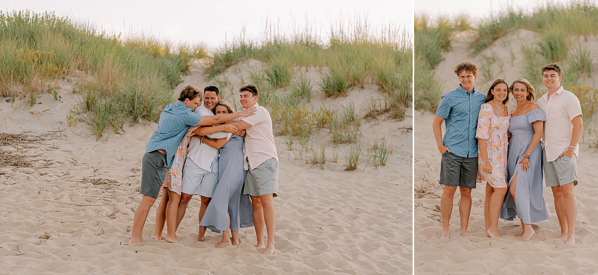 teenage children hug parents in front of sand dune in the outer banks