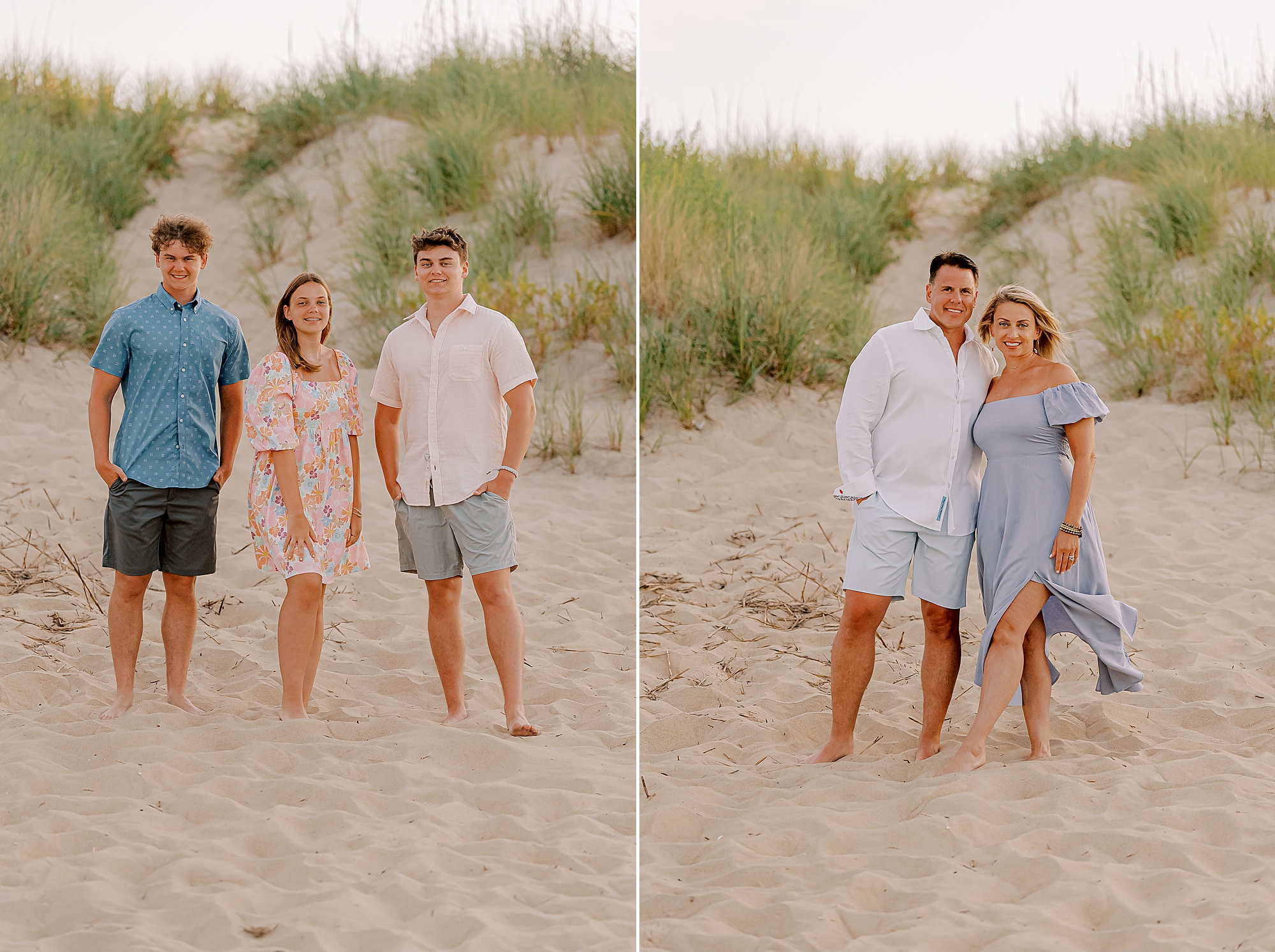 parents pose in front of sand dune and sea grass hugging next to three children