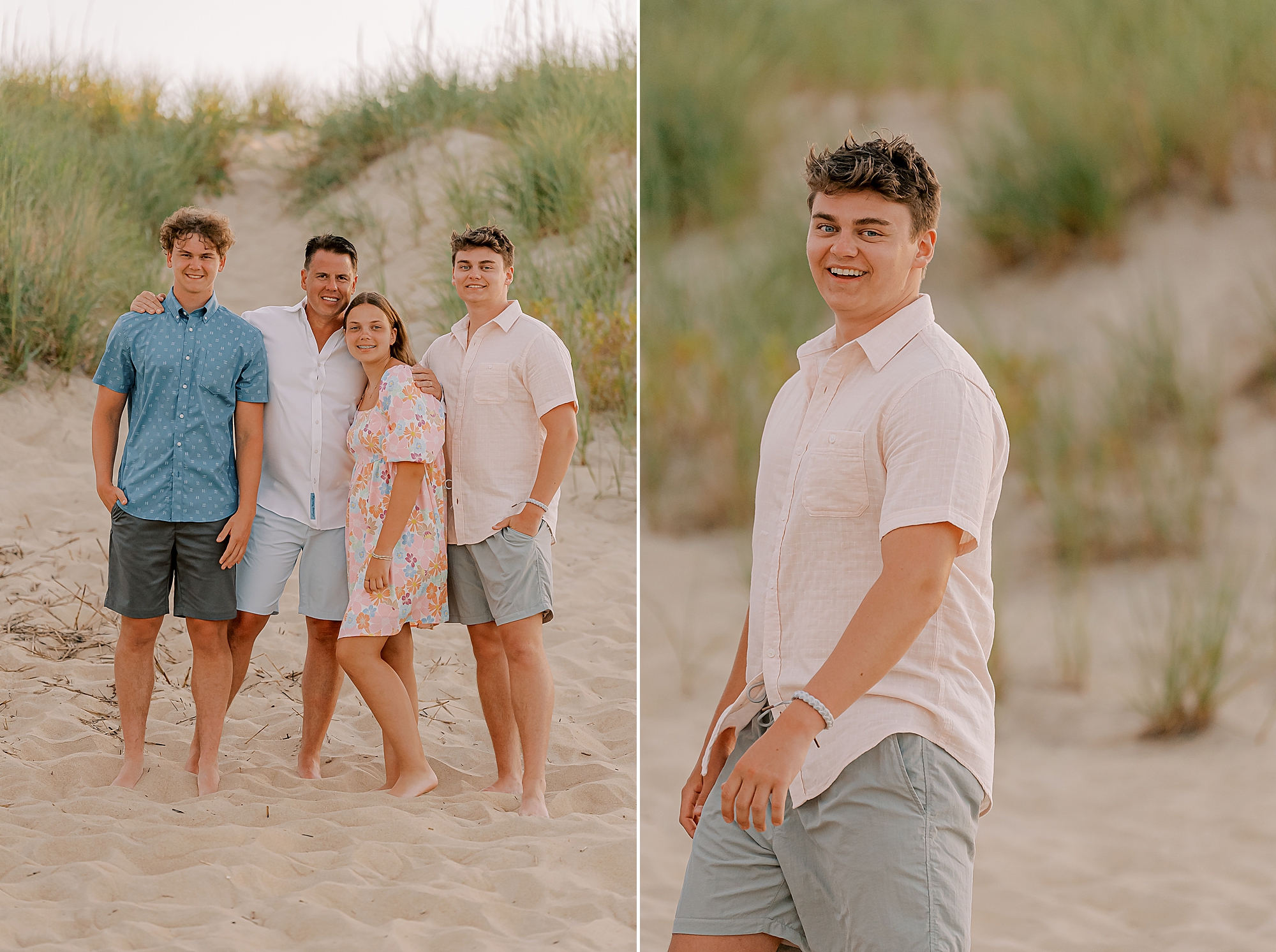 dad poses with three children in front of sand dunes in outer banks nc