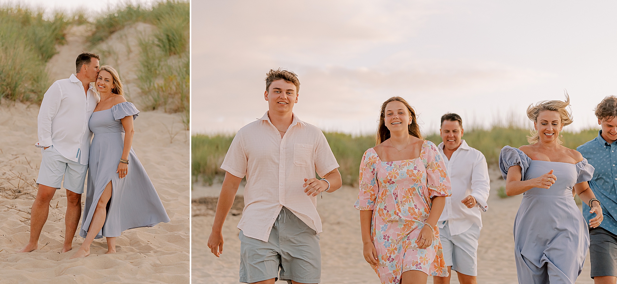 siblings walk on the beach laughing at sunset in outer banks