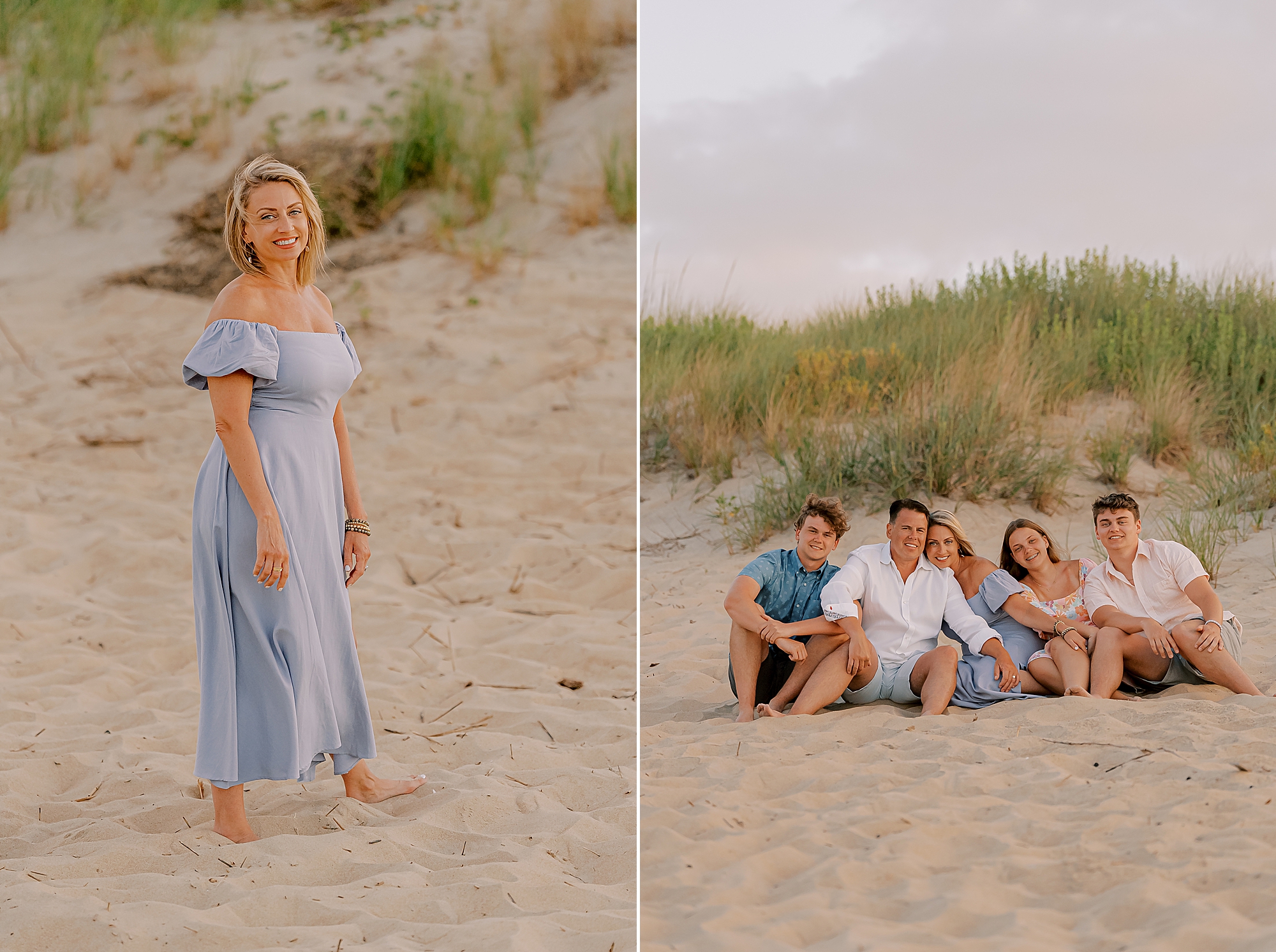 mother in blue dress stands on sand next to photo of five family members sitting together 