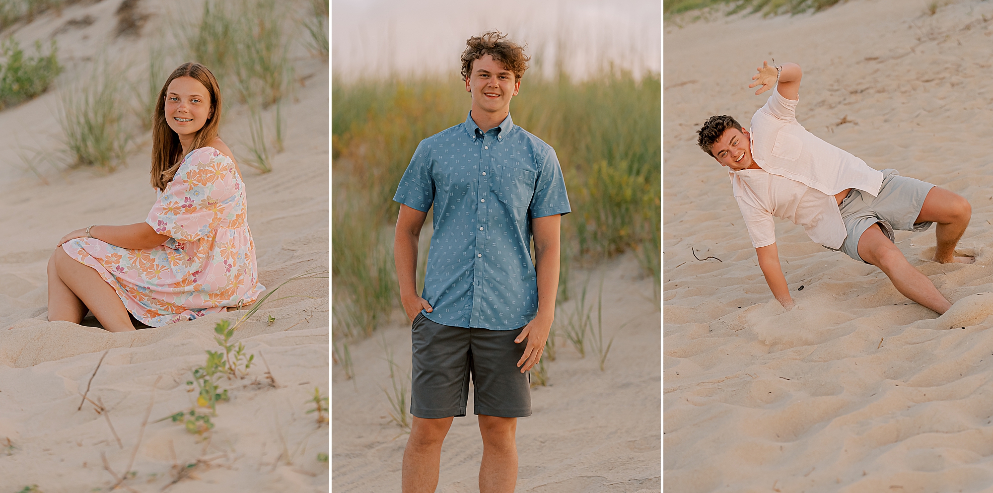 three teenage children pose on the sand during family photos in outer banks