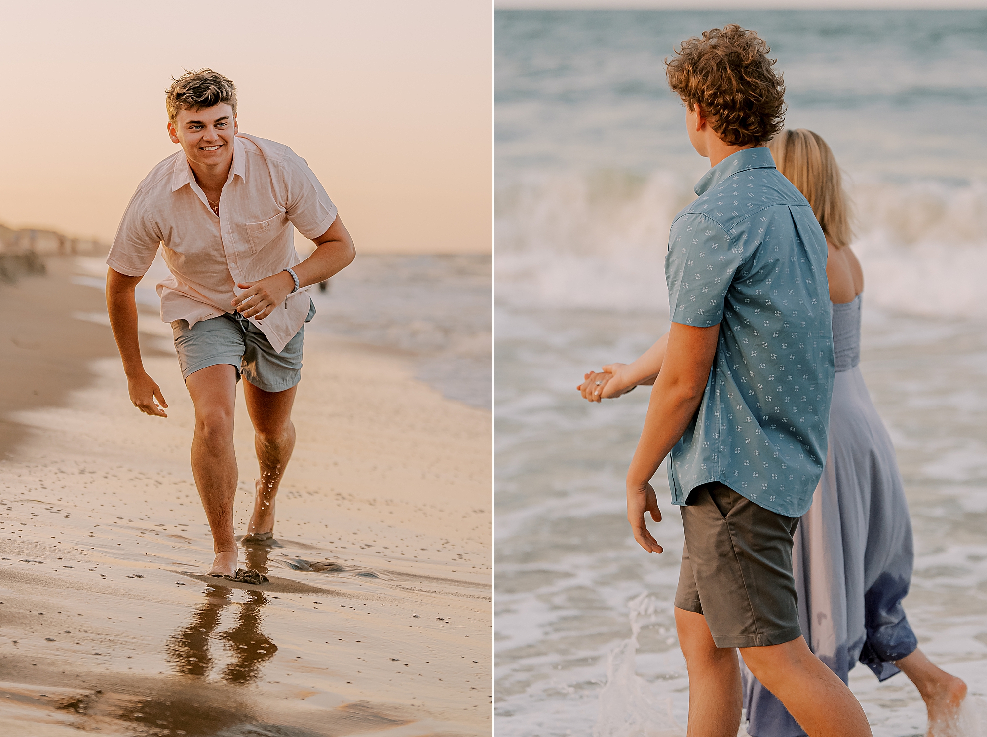 teenager runs through surf while son walks with mom