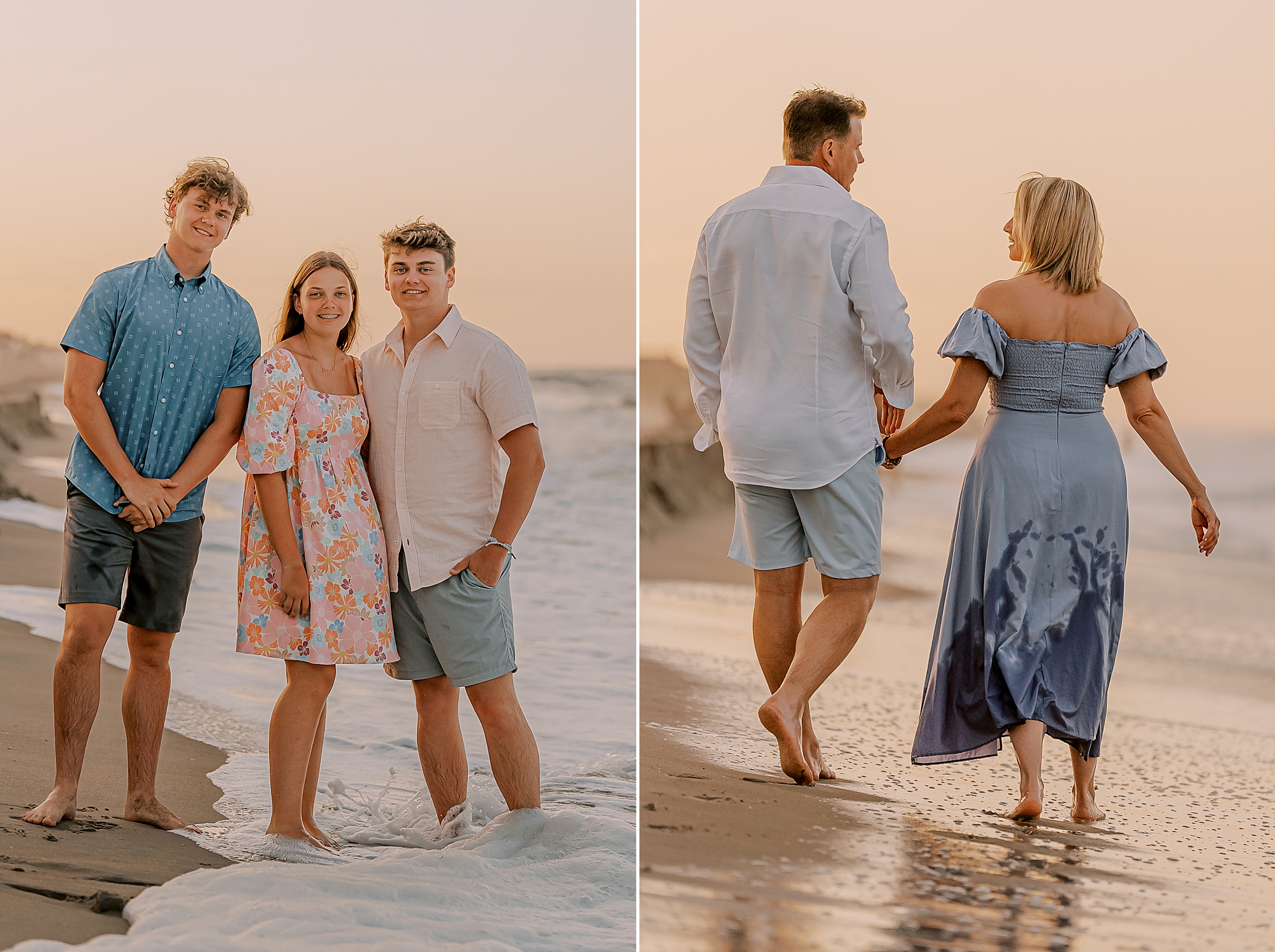 siblings hug in the water while husband walks with wife